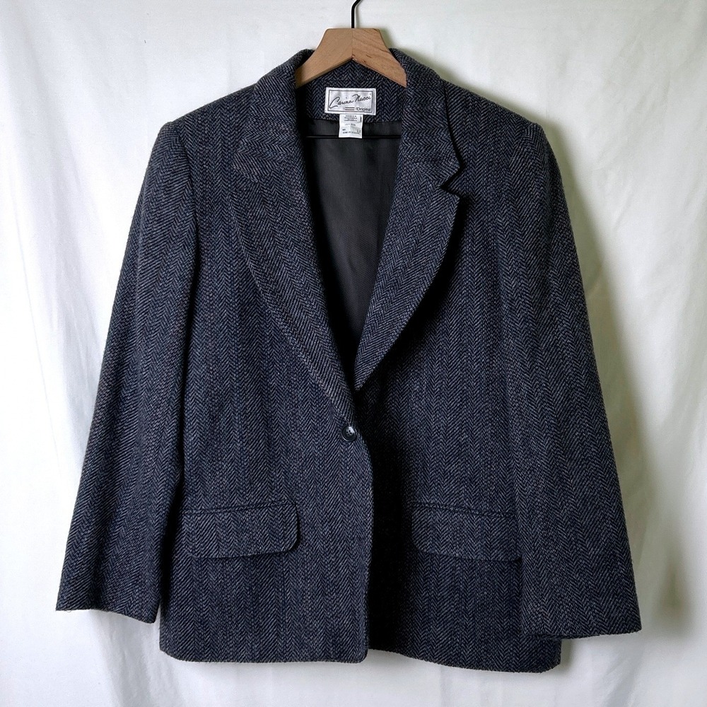 Carina Nucci Womens Herringbone Wool Single Button Blazer Size 12 Charcoal Grey